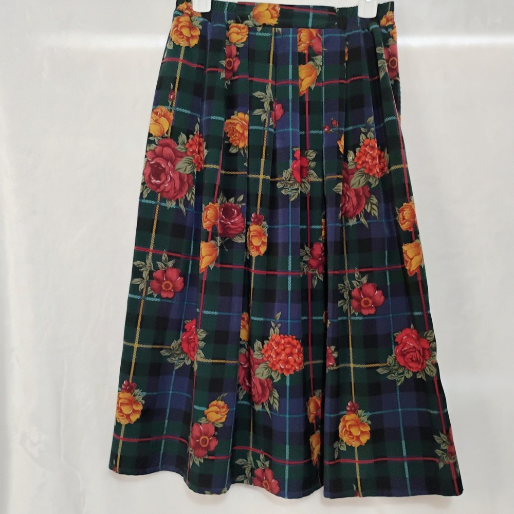 Vtg Allison Daley Small Tartan Plaid Floral Pleated Midi‎ Skirt Elastic Waist D